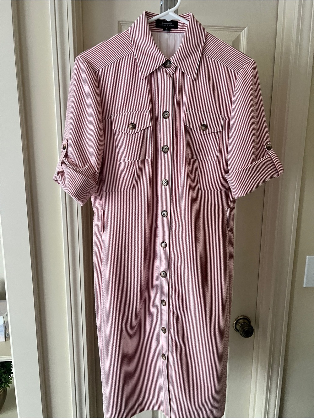 Red Striped Seersucker Button-Front Midi Shirt Dress